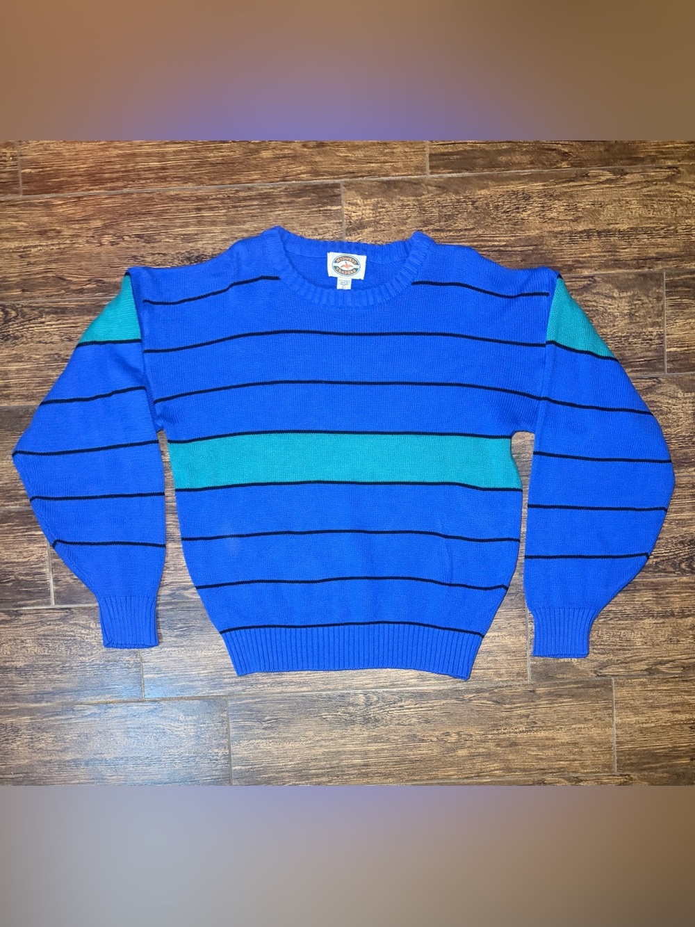 Women’s Blue Striped Crewneck Sweater with Teal Accent